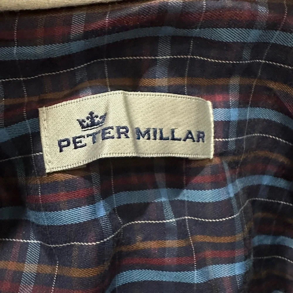 Peter Millar Mens 2XL Button Down Shirt‎ XXL Blue Plaid Long Sleeve Cotton Silk